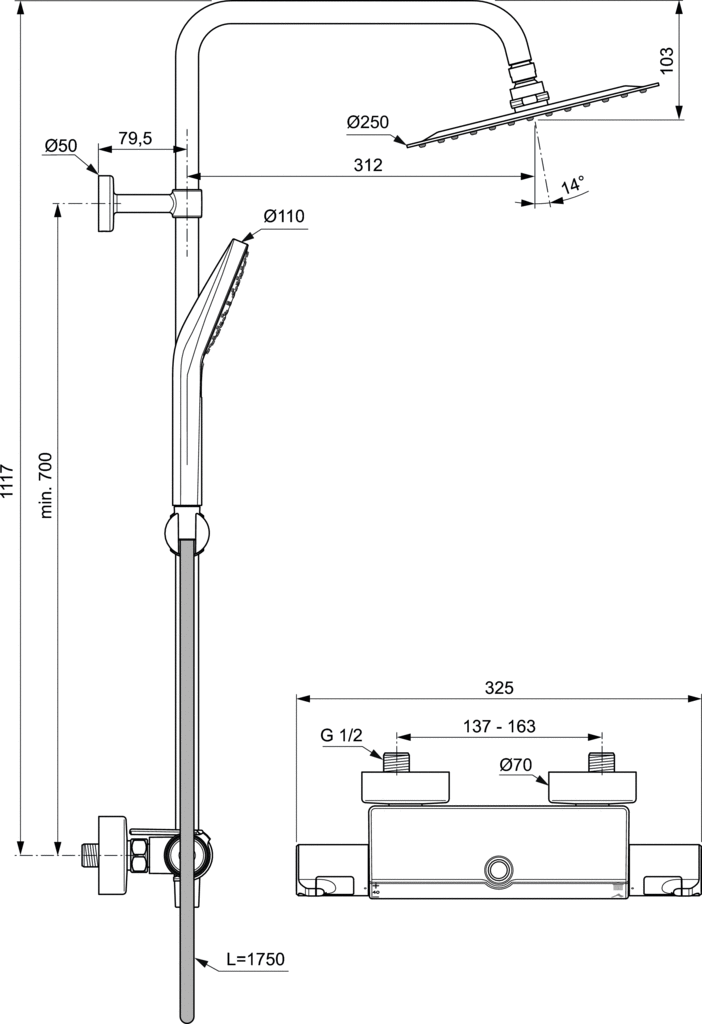 Душ система Ideal Standard Ceratherm T50 с термостатен смесител за душ A7618AA