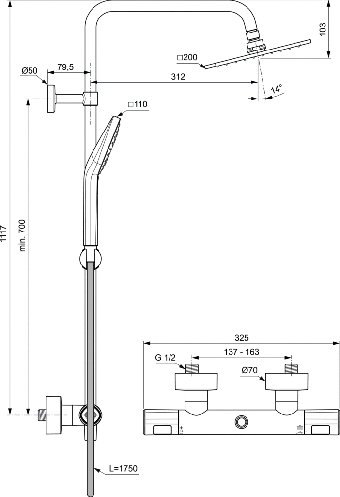 Душ система Ideal Standard Ceratherm T100 с термостатен смесител за душ A7240AA