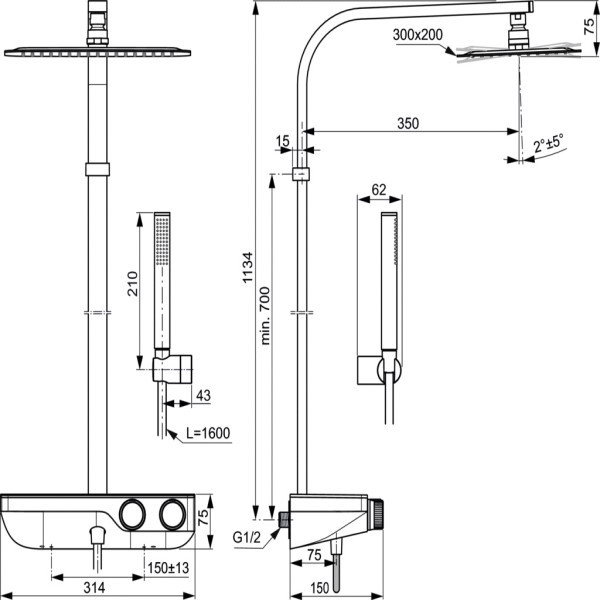 Душ система Ideal Standard Ceratherm S200 с термостатен смесител за душ A7332AA с фиксирана височина
