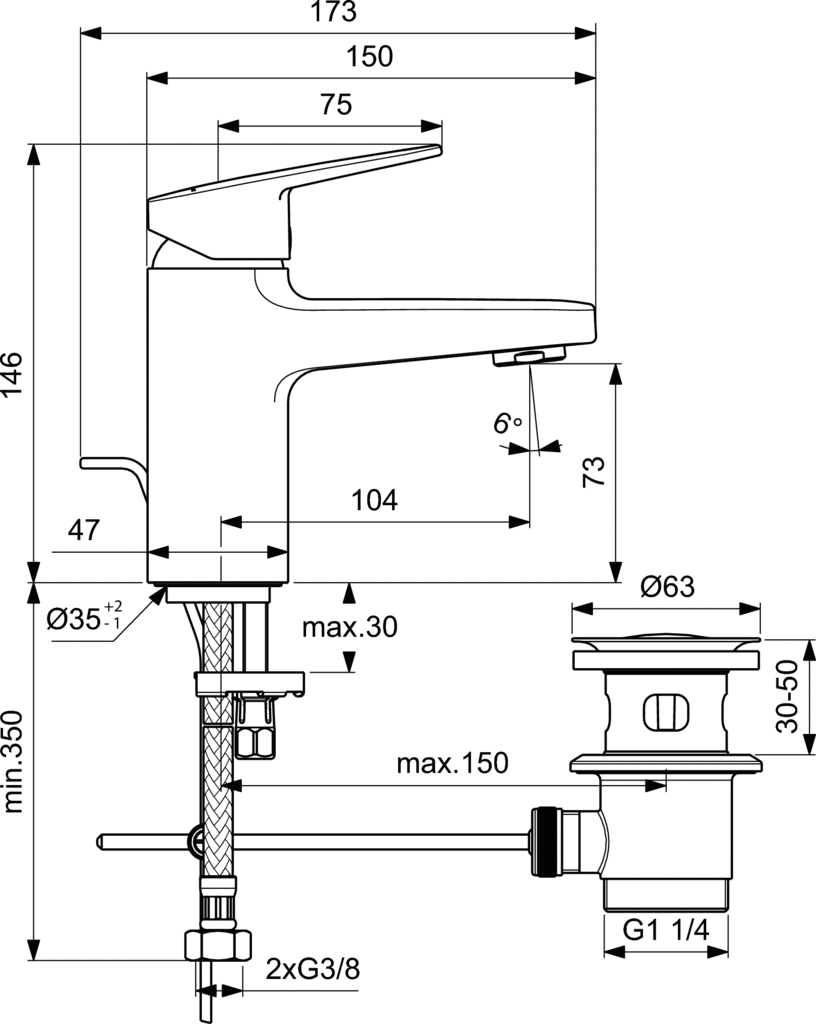 Смесител стоящ за мивка Ideal Standard CERAPLAN H75 Easy-Fix+