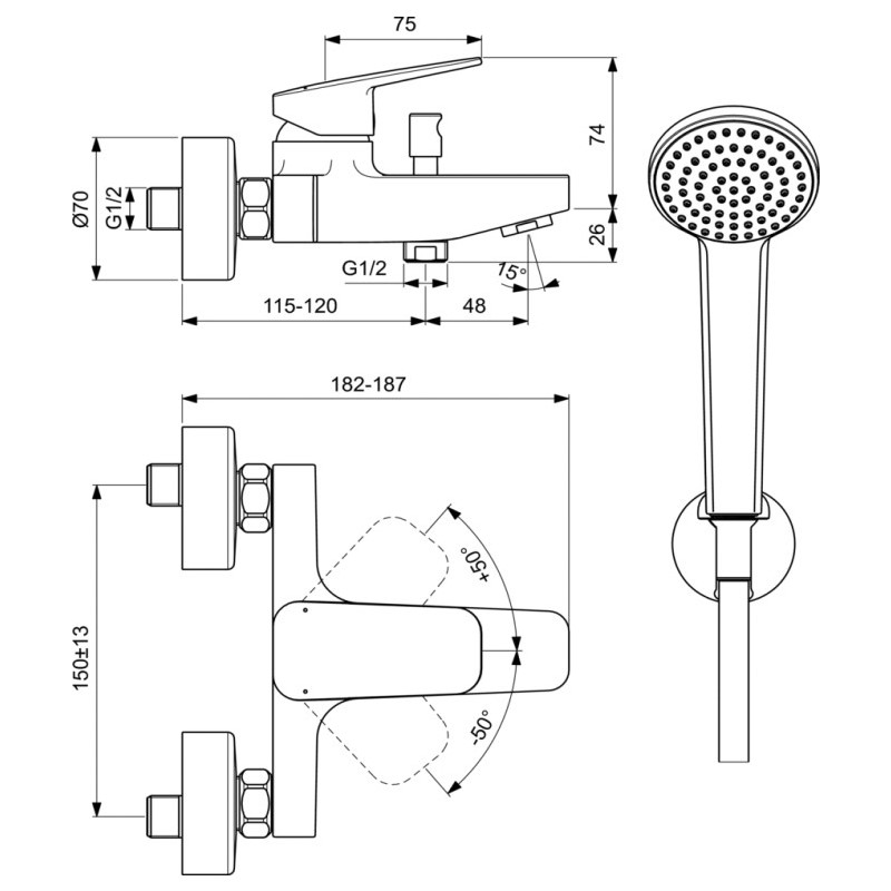 Смесител за вана/душ с аксесоари Ideal Standard CERAPLAN