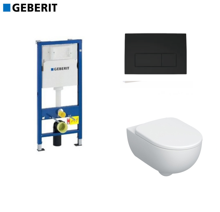 Комплект GEBERIT окачена тоалетна чиния Pravello, структура за вграждане Duofix и бутон Delta50 черен мат