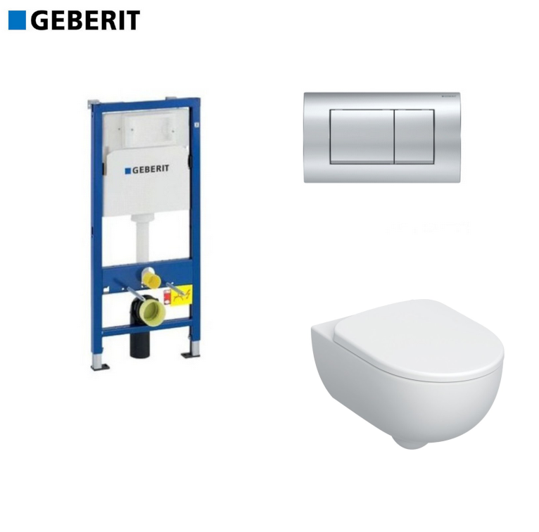 Комплект GEBERIT окачена тоалетна чиния Pravello, структура за вграждане Duofix и бутон Delta20 хром