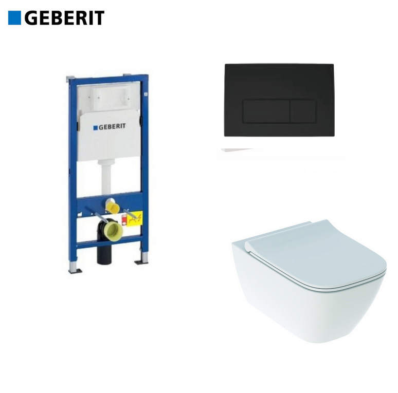 Комплект GEBERIT окачена тоалетна чиния Smyle, структура за вграждане Duofix и бутон Delta50 черен