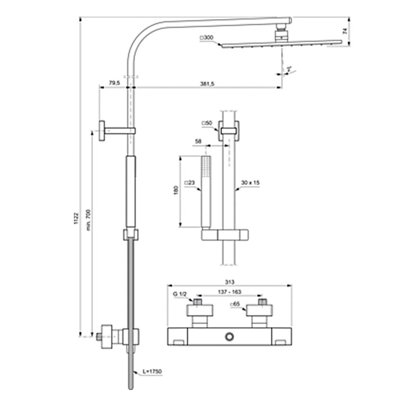 Душ система Ideal Standard Ceratherm C100 с термостатен смесител за душ A7542AA с фиксирана височина
