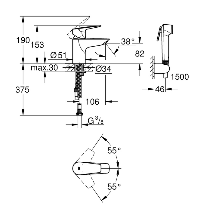 Комплект за баня GROHE Bauedge - смесител за мивка с хигиенен душ