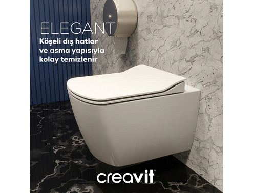 Окачена тоалетна чиния Elegant Rim-Off CREAVIT с ултратънък капак soft close