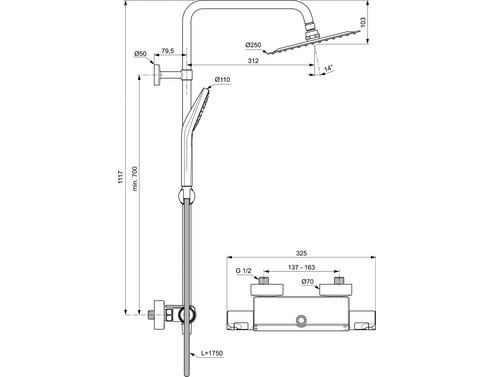 Душ система Ideal Standard Ceratherm T50 с термостатен смесител за душ A7618AA
