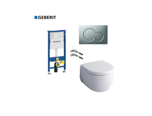 Комплект GEBERIT окачена тоалетна чиния Icon Rimfree, структура за вграждане Duofix Sigma 12  и бутон  Sigma01 хром