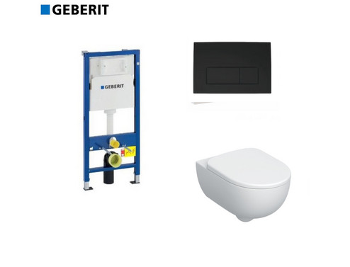 Комплект GEBERIT окачена тоалетна чиния Pravello, структура за вграждане Duofix и бутон Delta50 черен