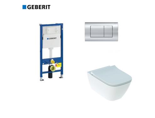 Комплект GEBERIT окачена тоалетна чиния Smyle, структура за вграждане Duofix и бутон Delta30 хром